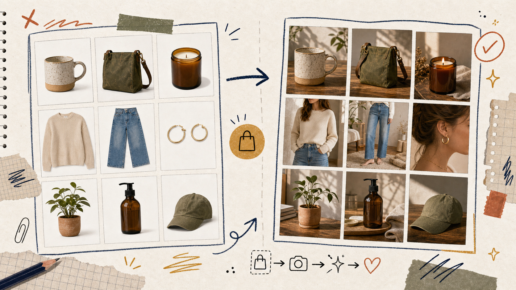 Before-and-after catalog board showing plain product photos turned into cohesive lifestyle images