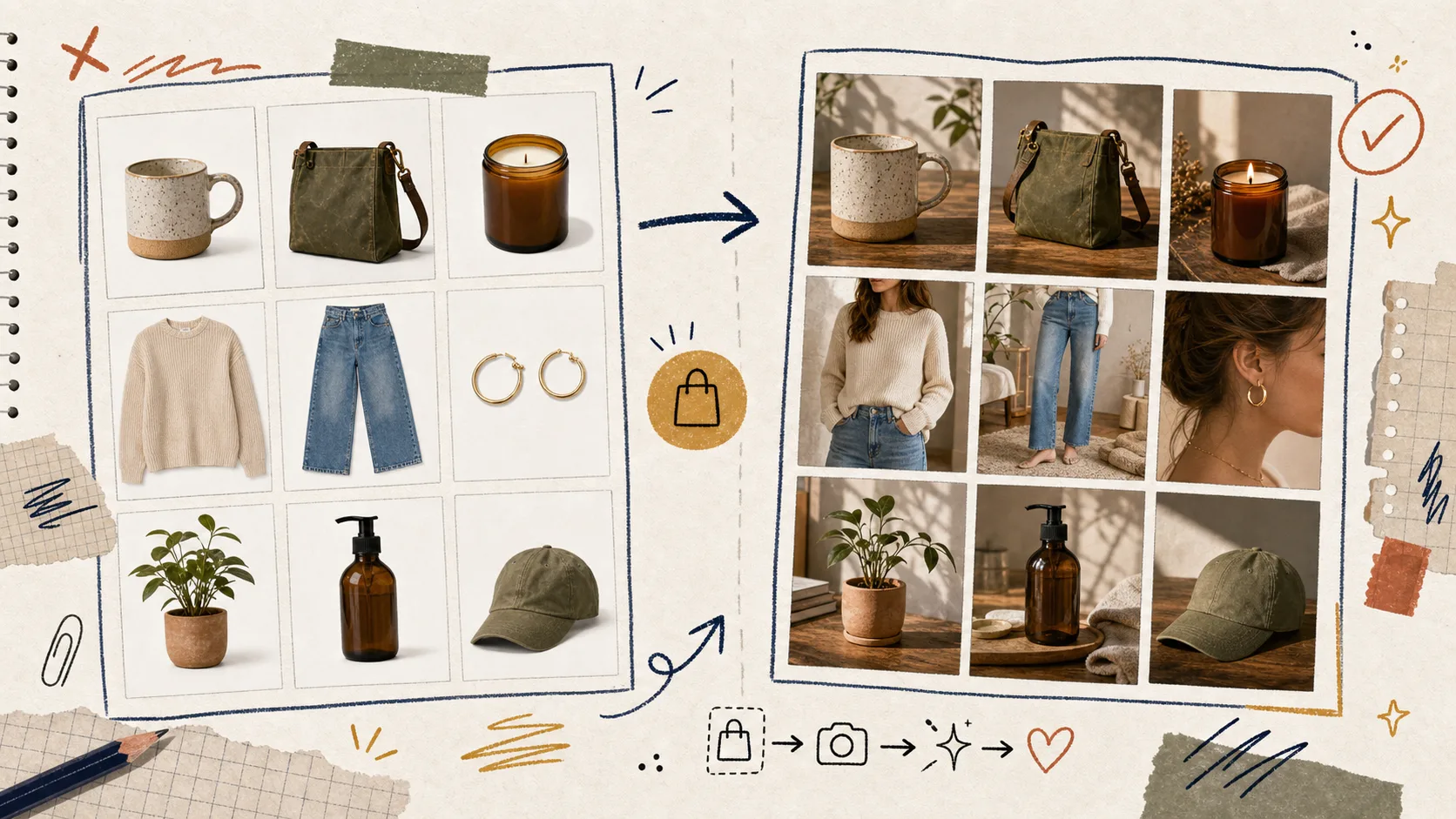 Before-and-after catalog board showing plain product photos turned into cohesive lifestyle images