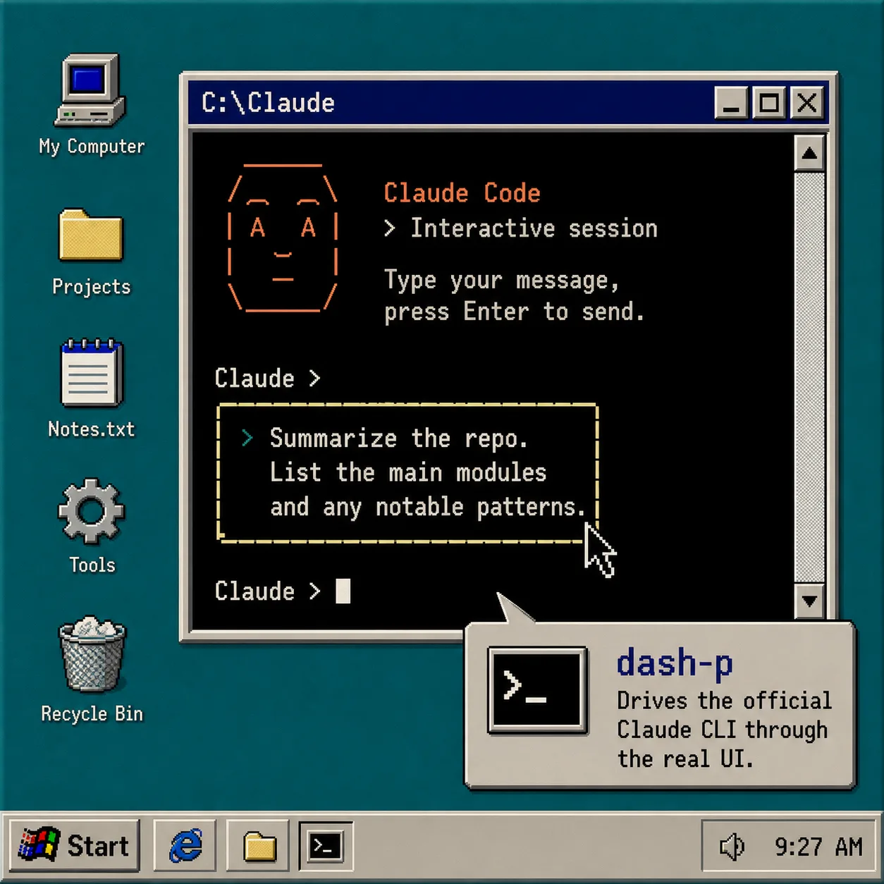 Retro Claude Code terminal session illustration