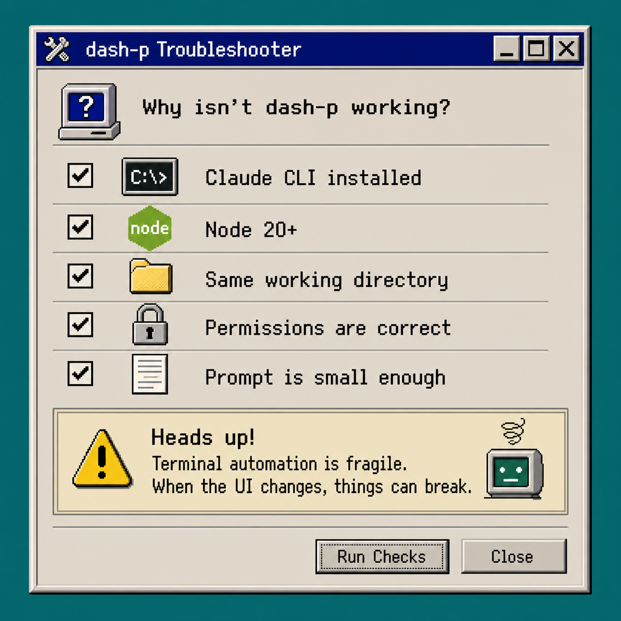 Retro troubleshooting checklist for dash-p