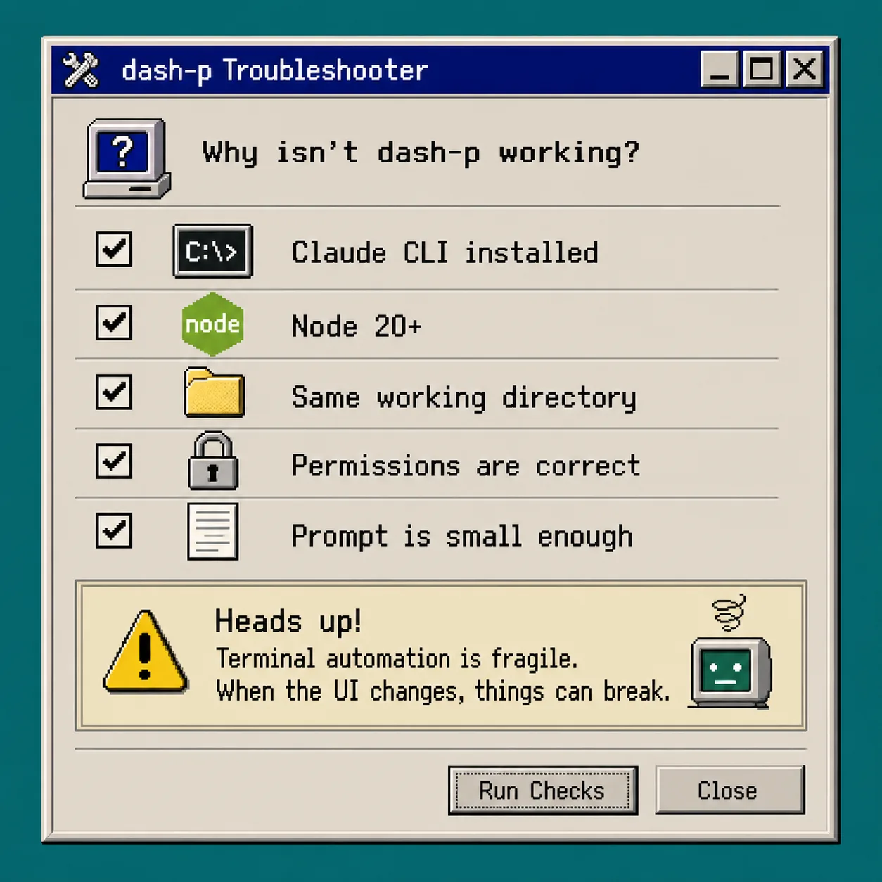 Retro troubleshooting checklist for dash-p