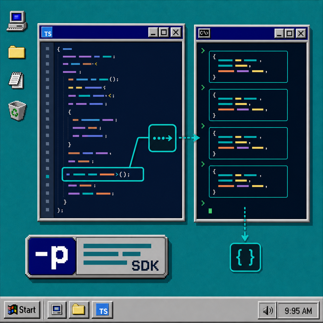 TypeScript SDK workflow beside a terminal output pane