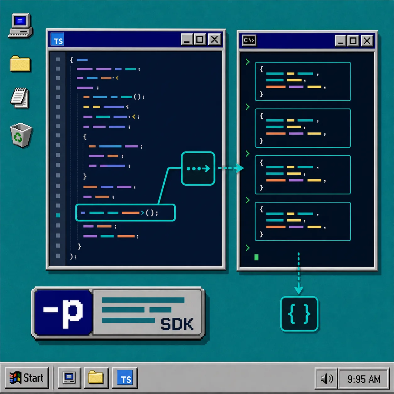 TypeScript SDK workflow beside a terminal output pane