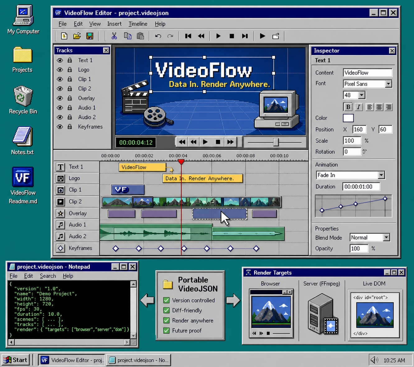 Retro React video editor with timeline layers and a portable JSON source