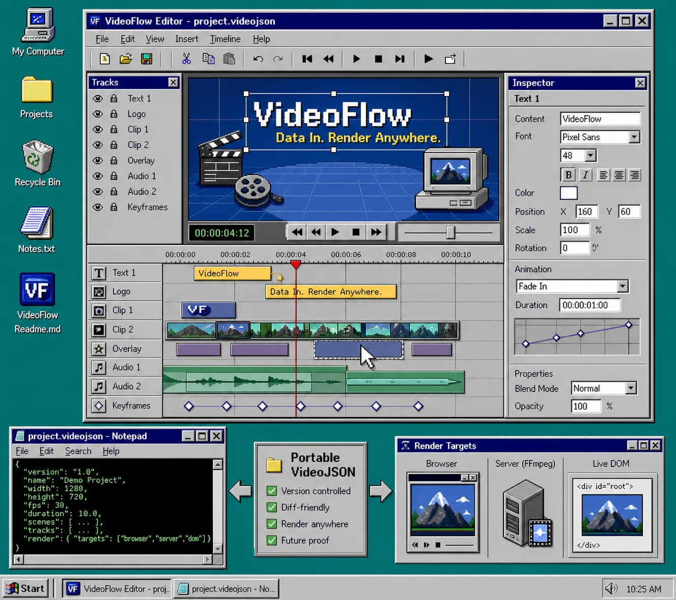 Retro React video editor with timeline layers and a portable JSON source
