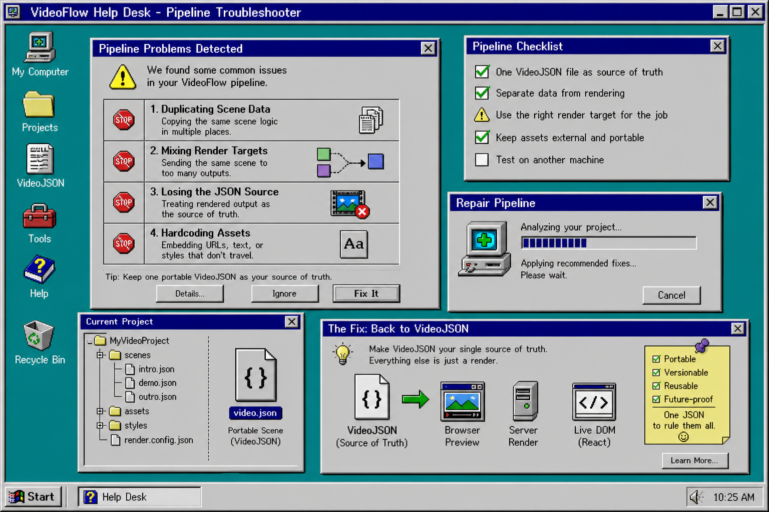Retro troubleshooting screen listing common VideoFlow workflow mistakes and fixes