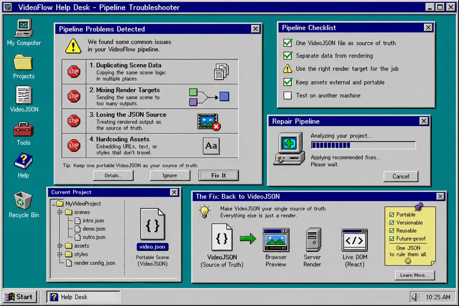 Retro troubleshooting screen listing common VideoFlow workflow mistakes and fixes