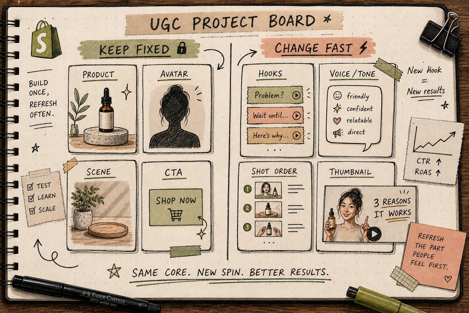 Notebook board comparing fixed project elements and fast-changing creative knobs