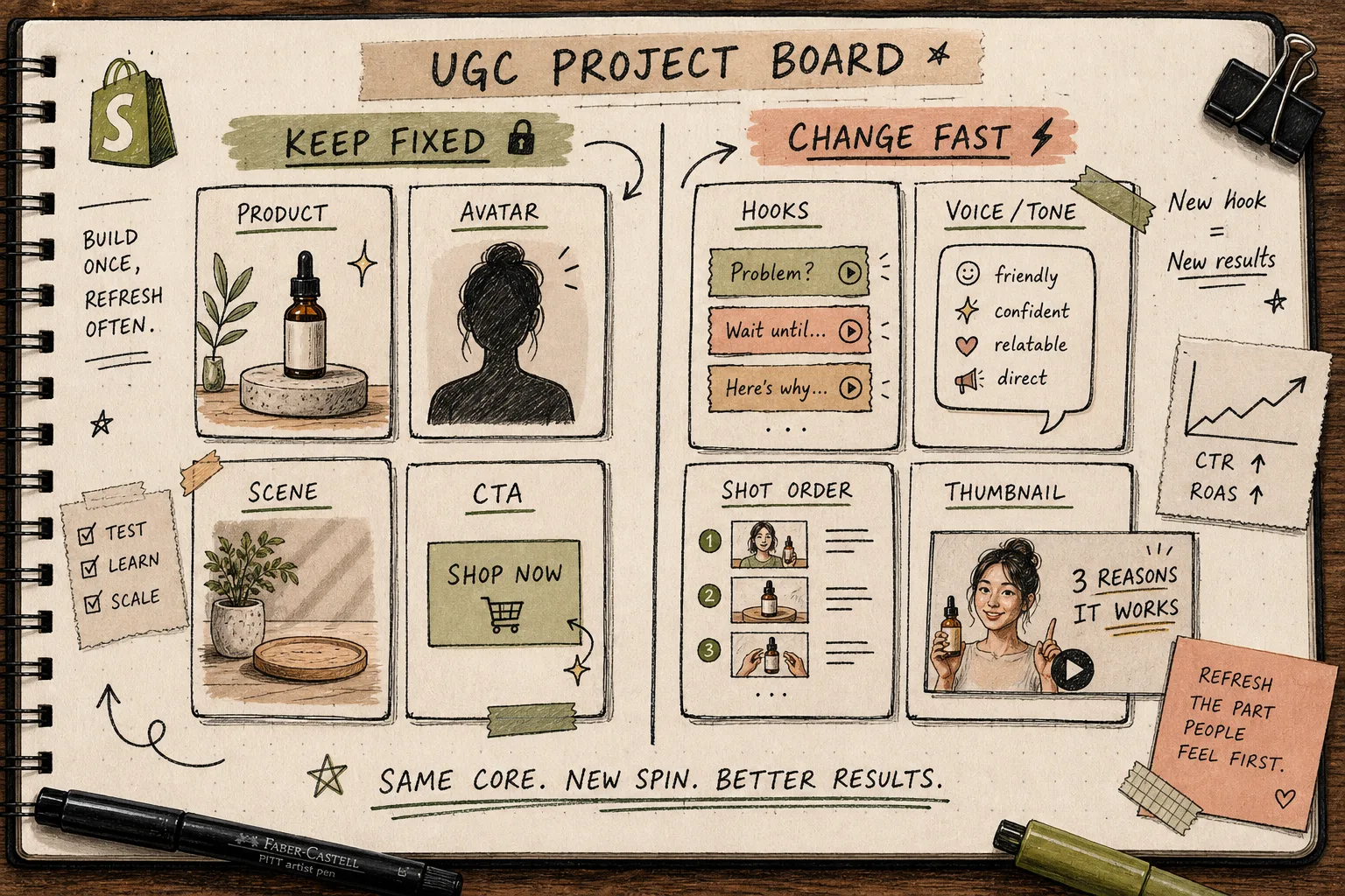 Notebook board comparing fixed project elements and fast-changing creative knobs