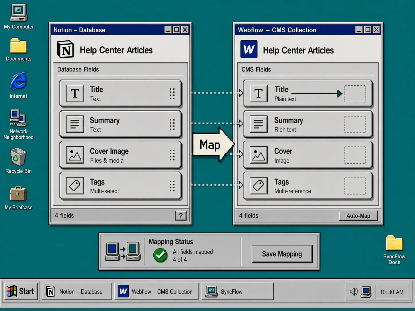 Notion and Webflow field mapping diagram