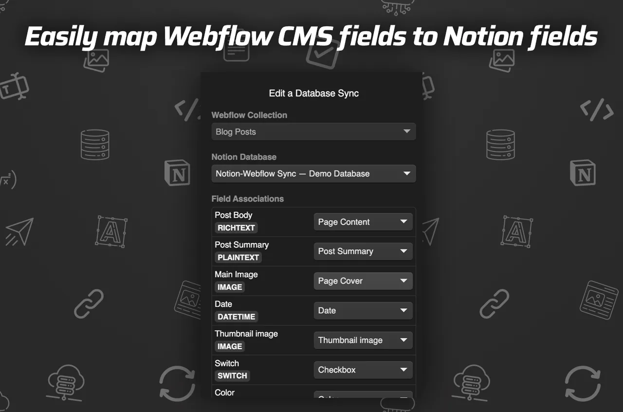Easily map Webflow CMS fields to Notion fields