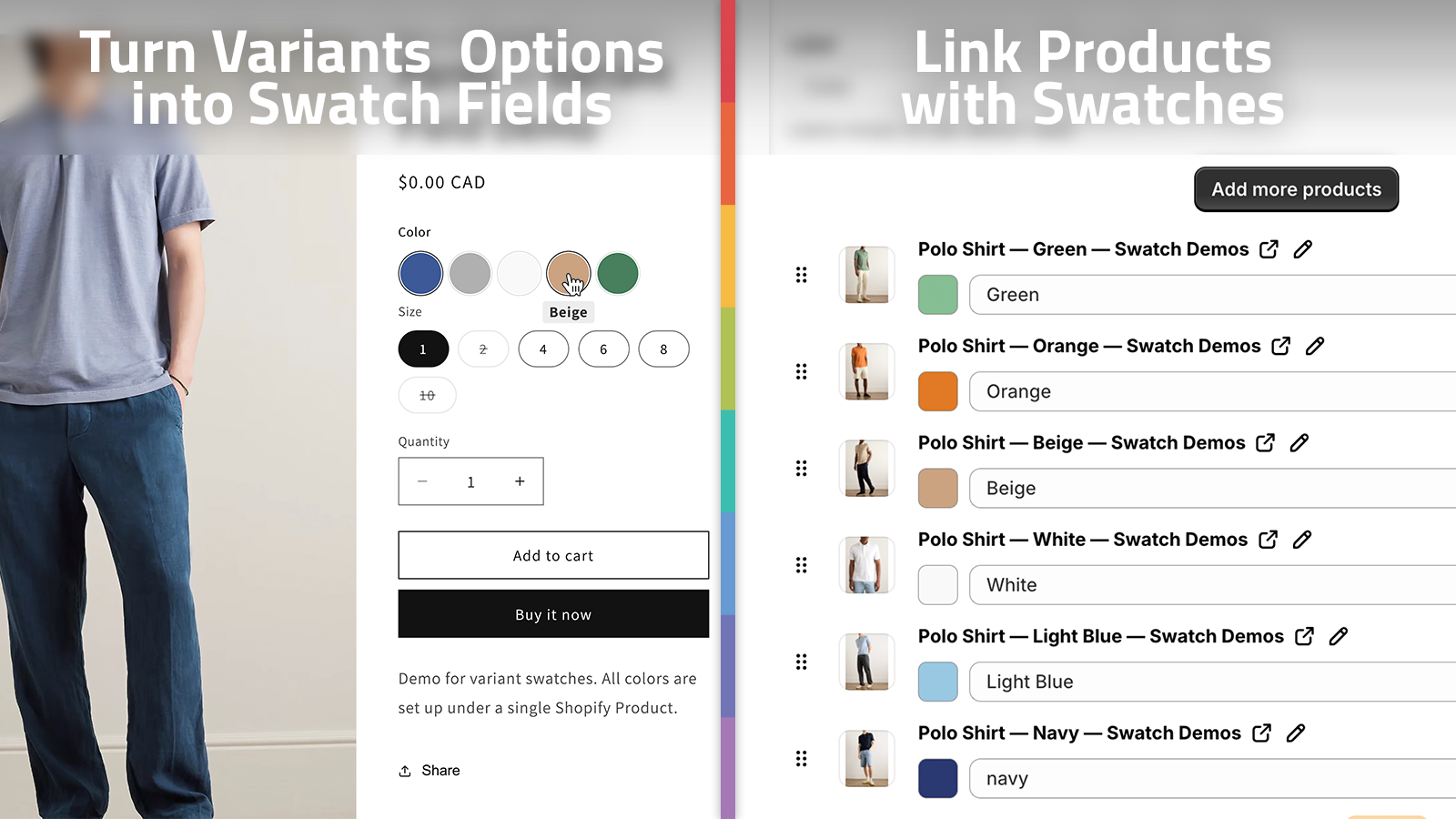 Variant options and linked products in swatches