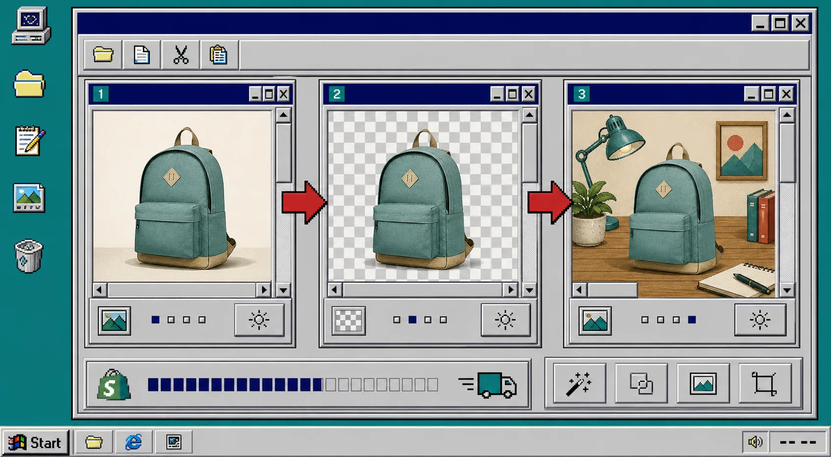 Before and after product photo transformation in retro desktop windows