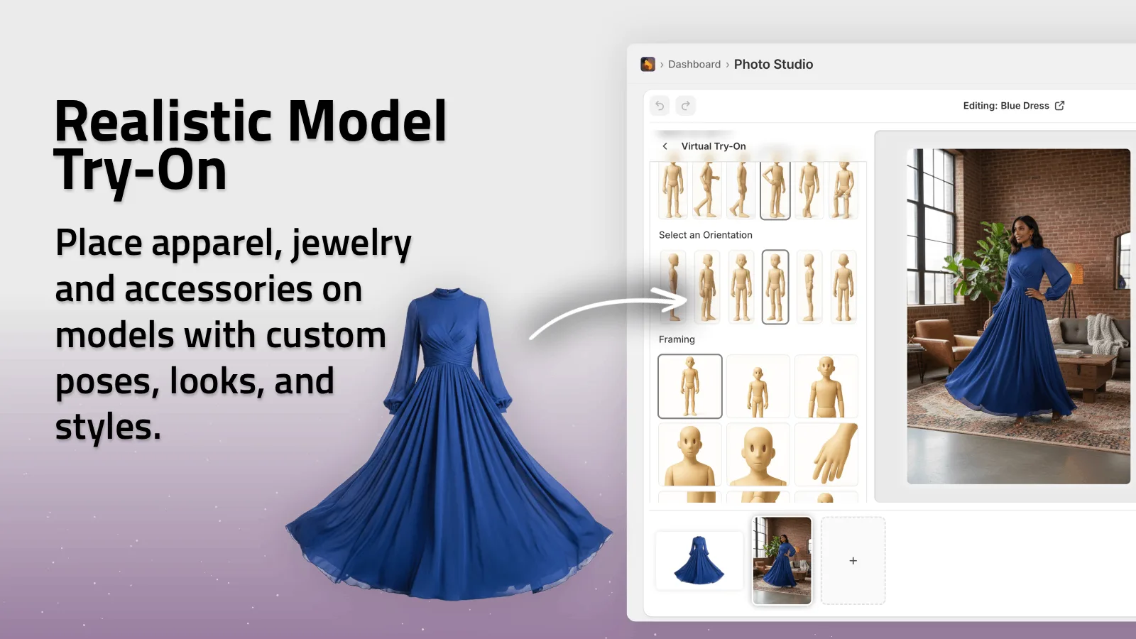 Try-on and placement outputs in a product workflow