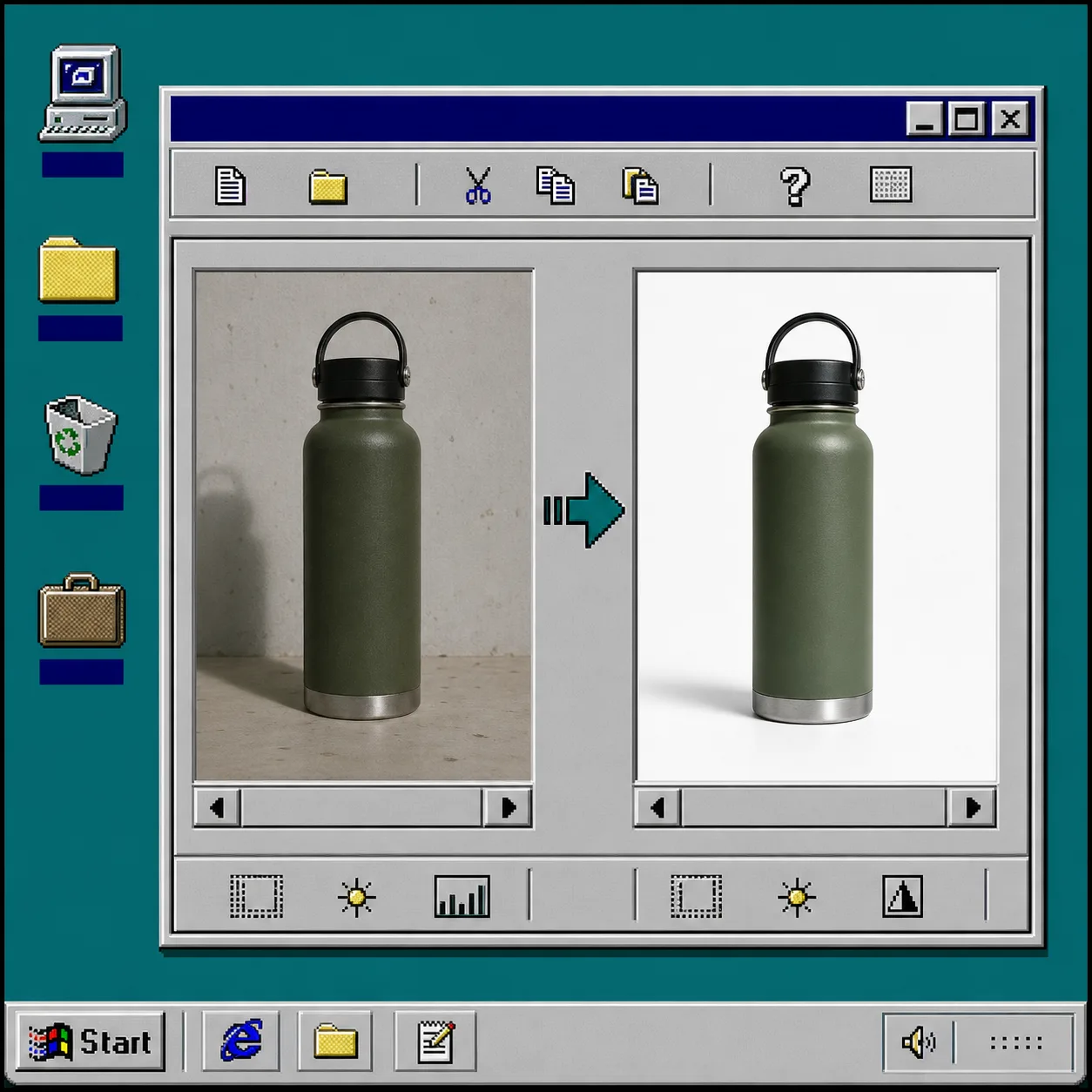 Before and after cleanup workflow in a retro desktop window