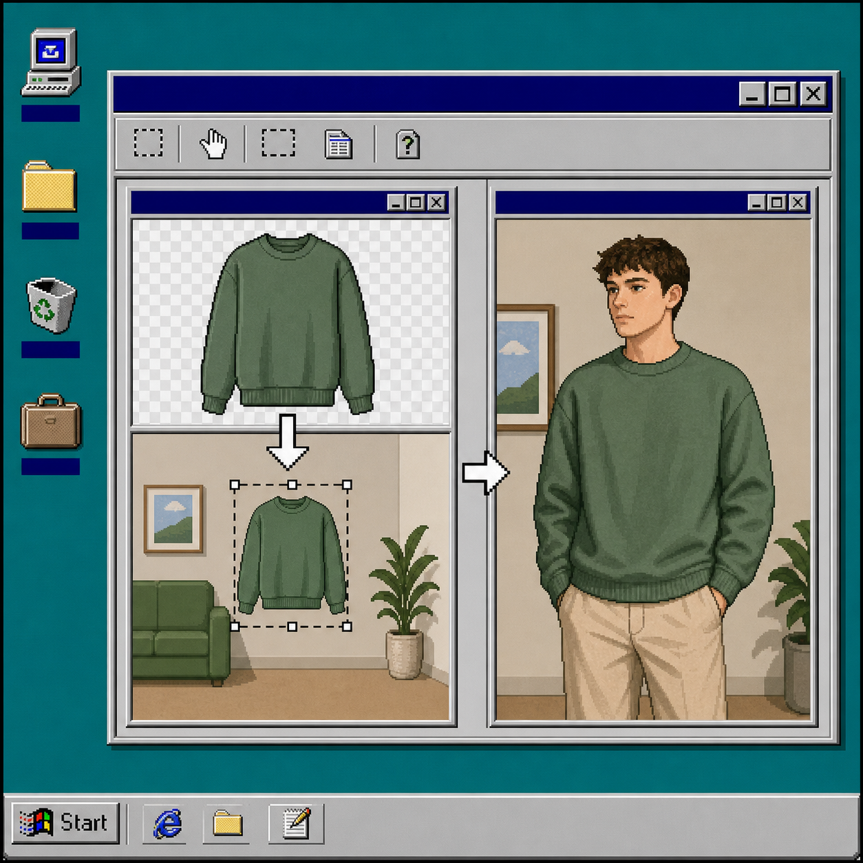 Try-on and placement workflow in a retro help-center illustration