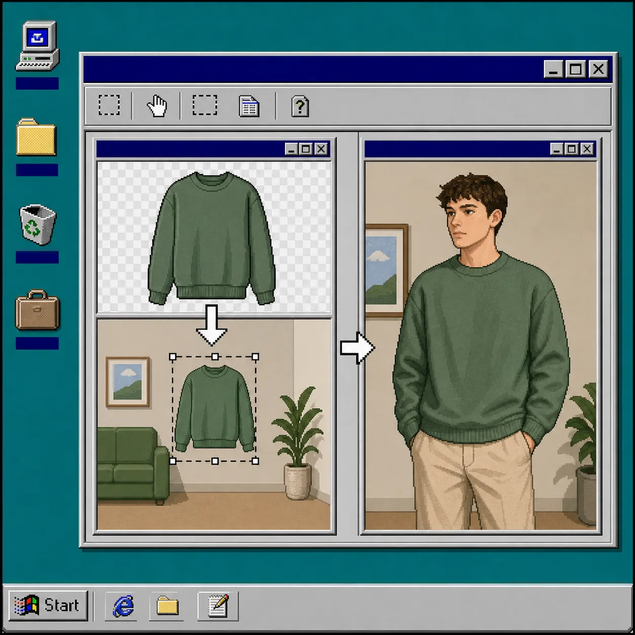 Try-on and placement workflow in a retro help-center illustration