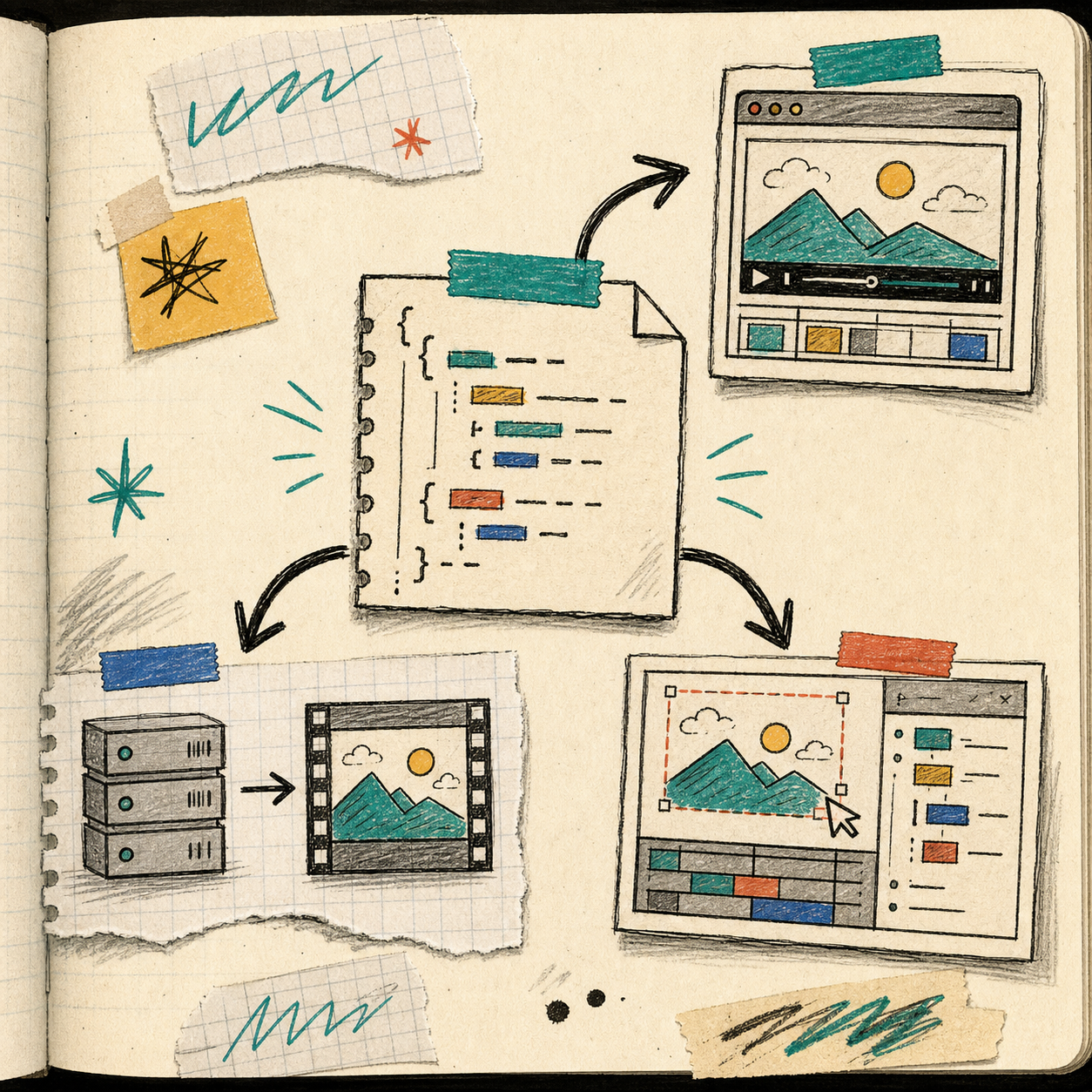 Notebook sketch of VideoJSON flowing into renderers