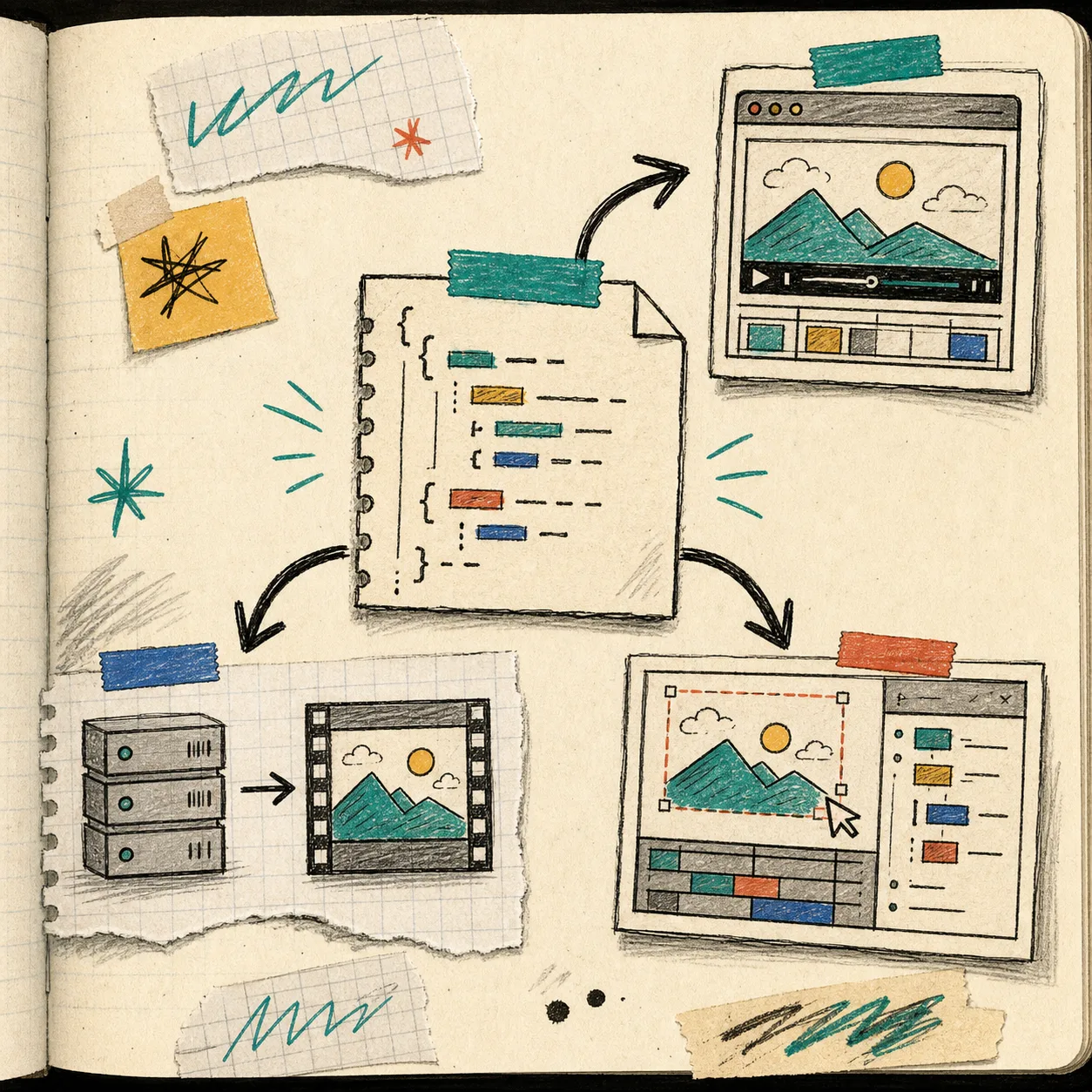 Notebook sketch of VideoJSON flowing into renderers