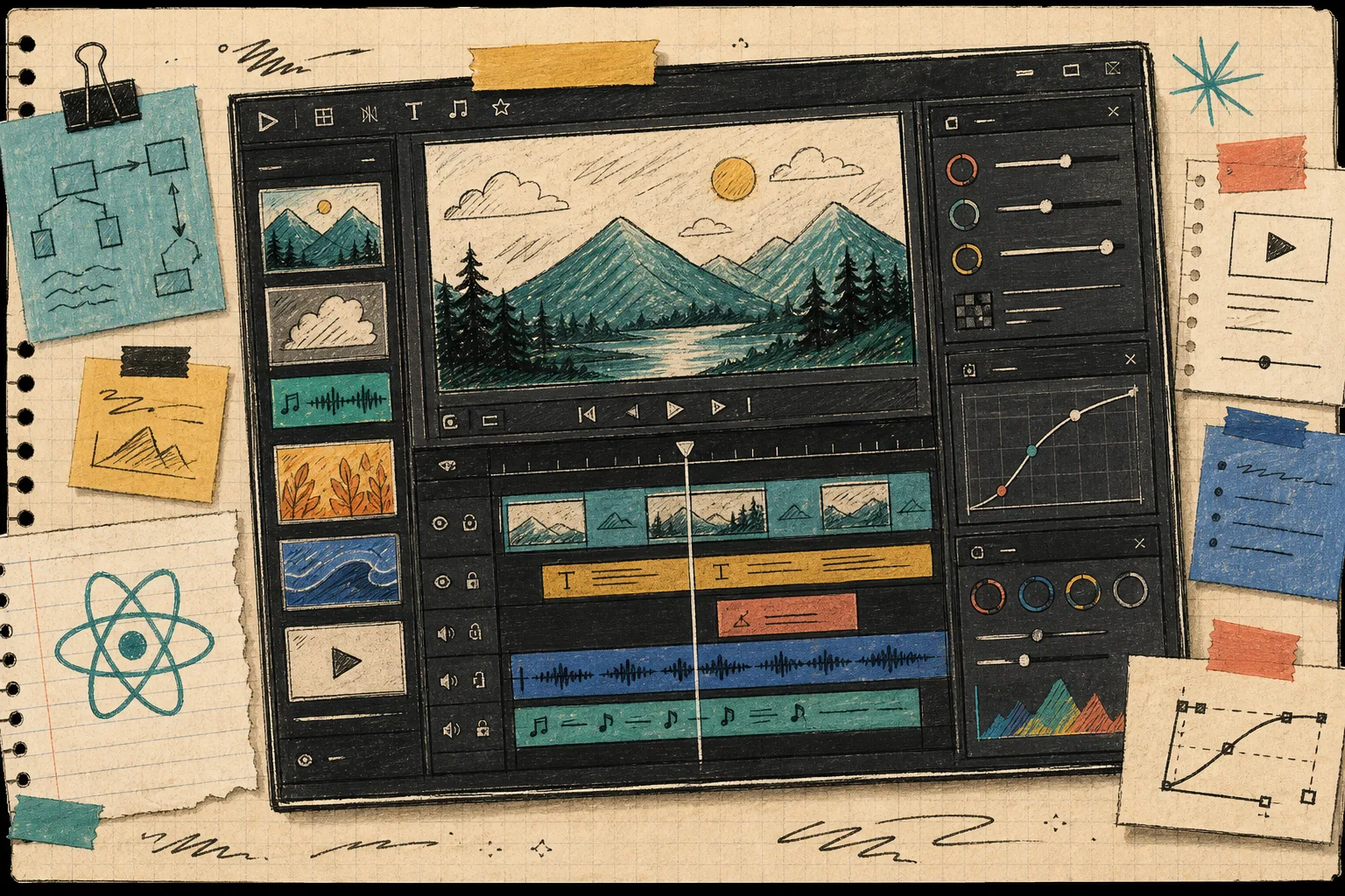 Hand-drawn React video editor mockup