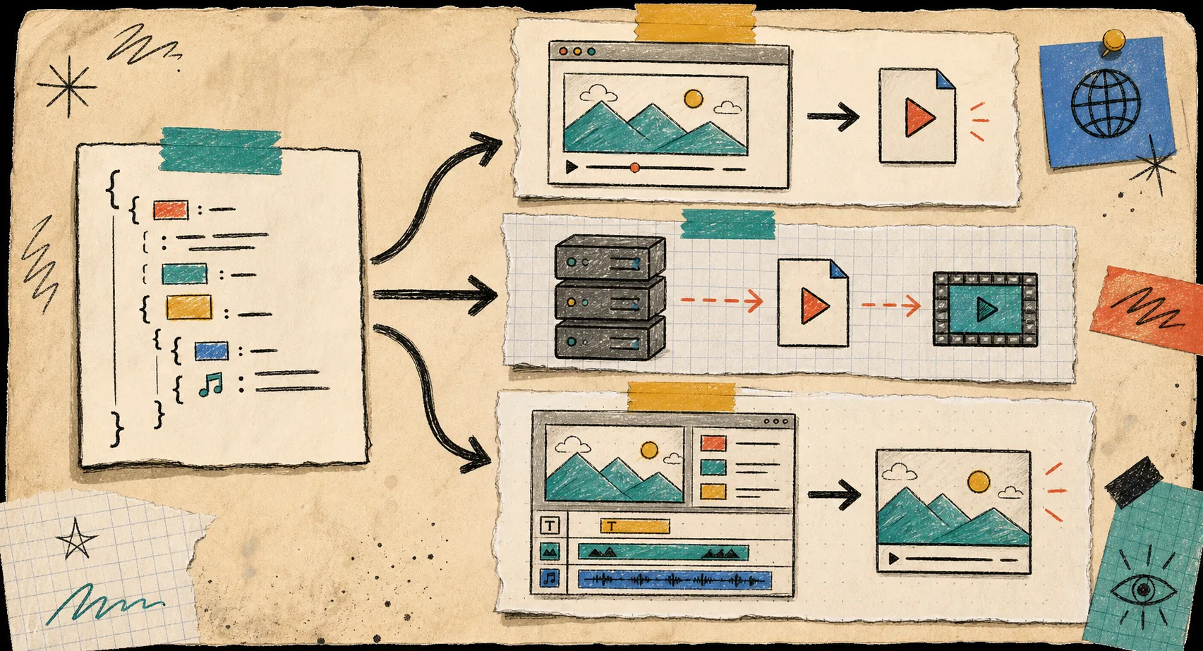 Hand-drawn multi-renderer workflow diagram