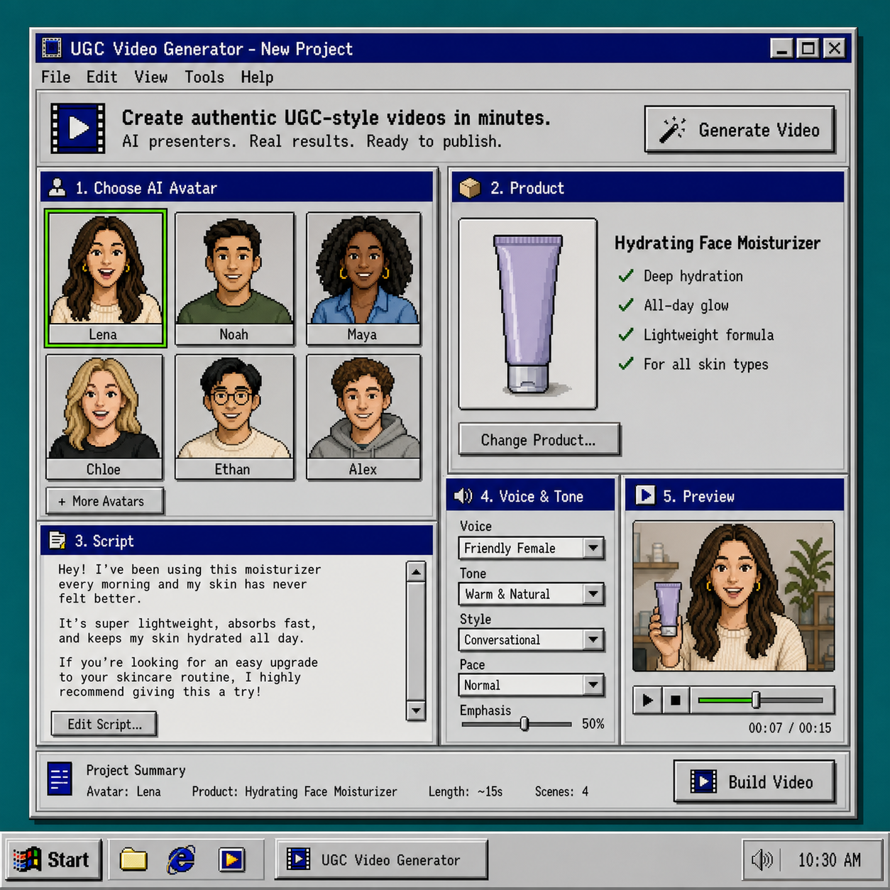 Retro UGC video generator setup screen with avatars and script