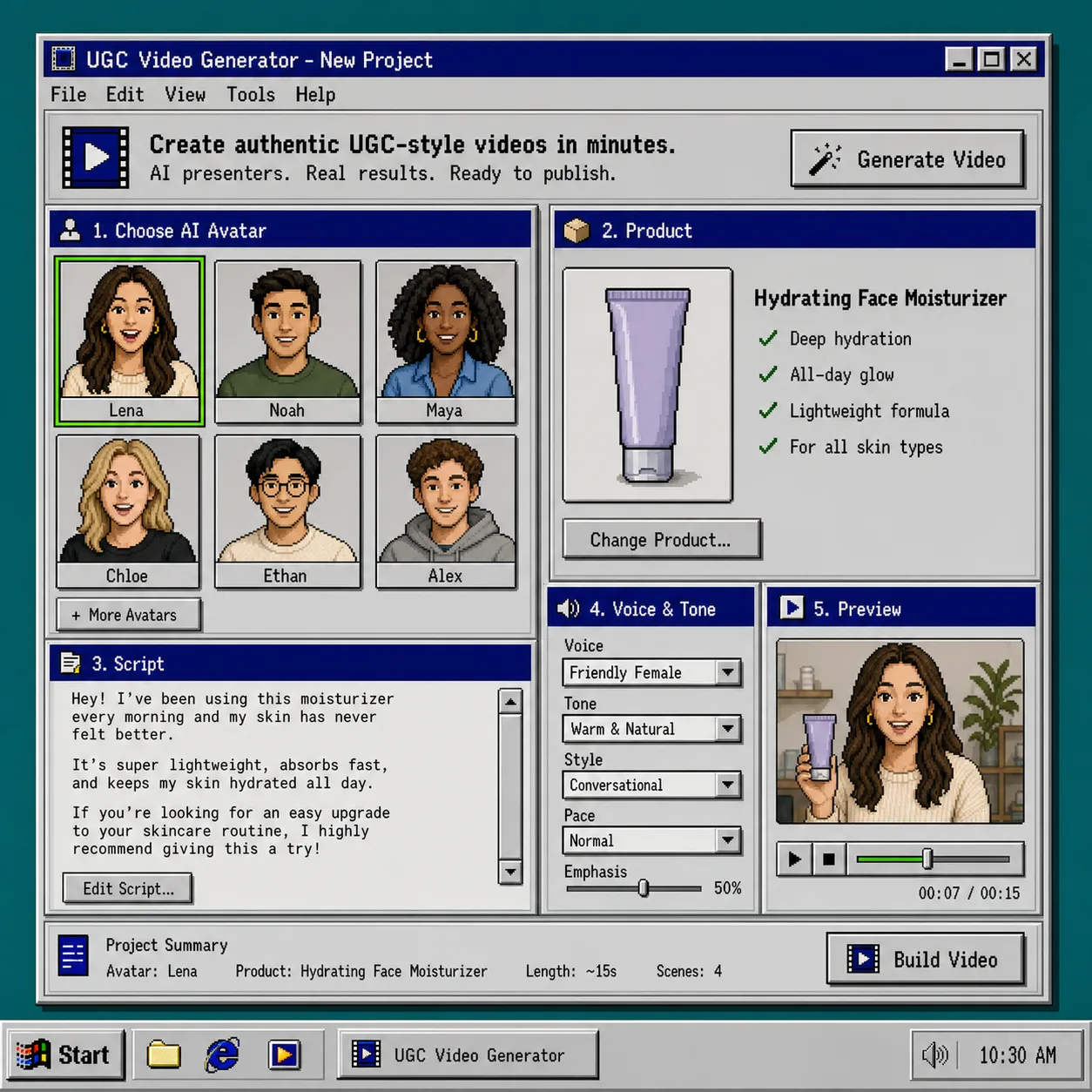 Retro UGC video generator setup screen with avatars and script