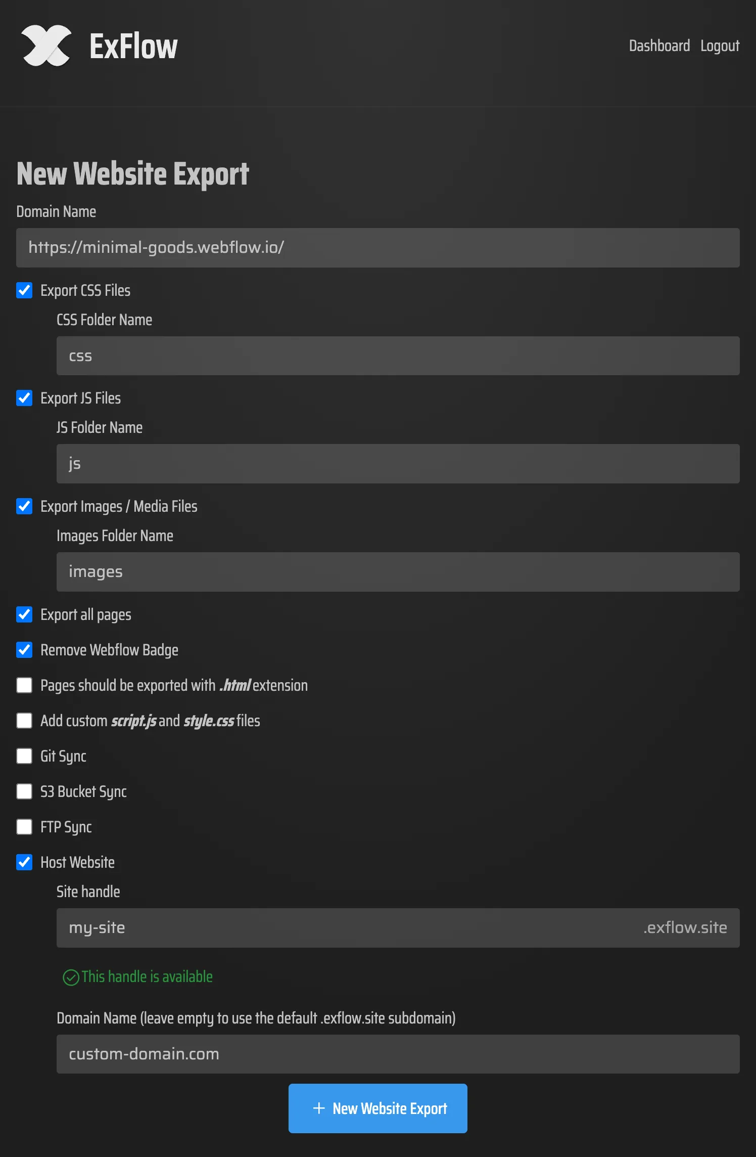 ExFlow export settings for a Framer site