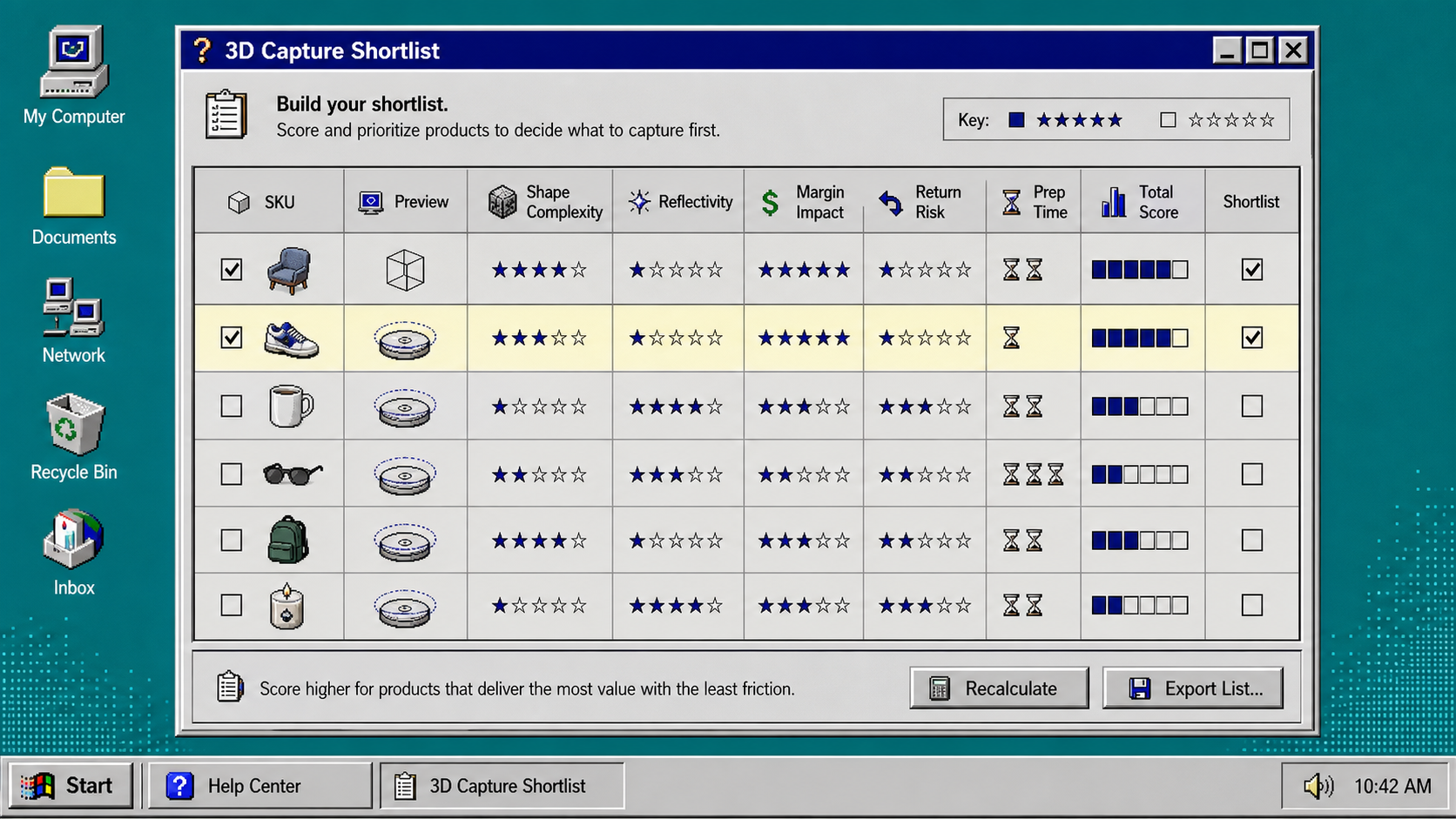 3D capture shortlist scoring grid