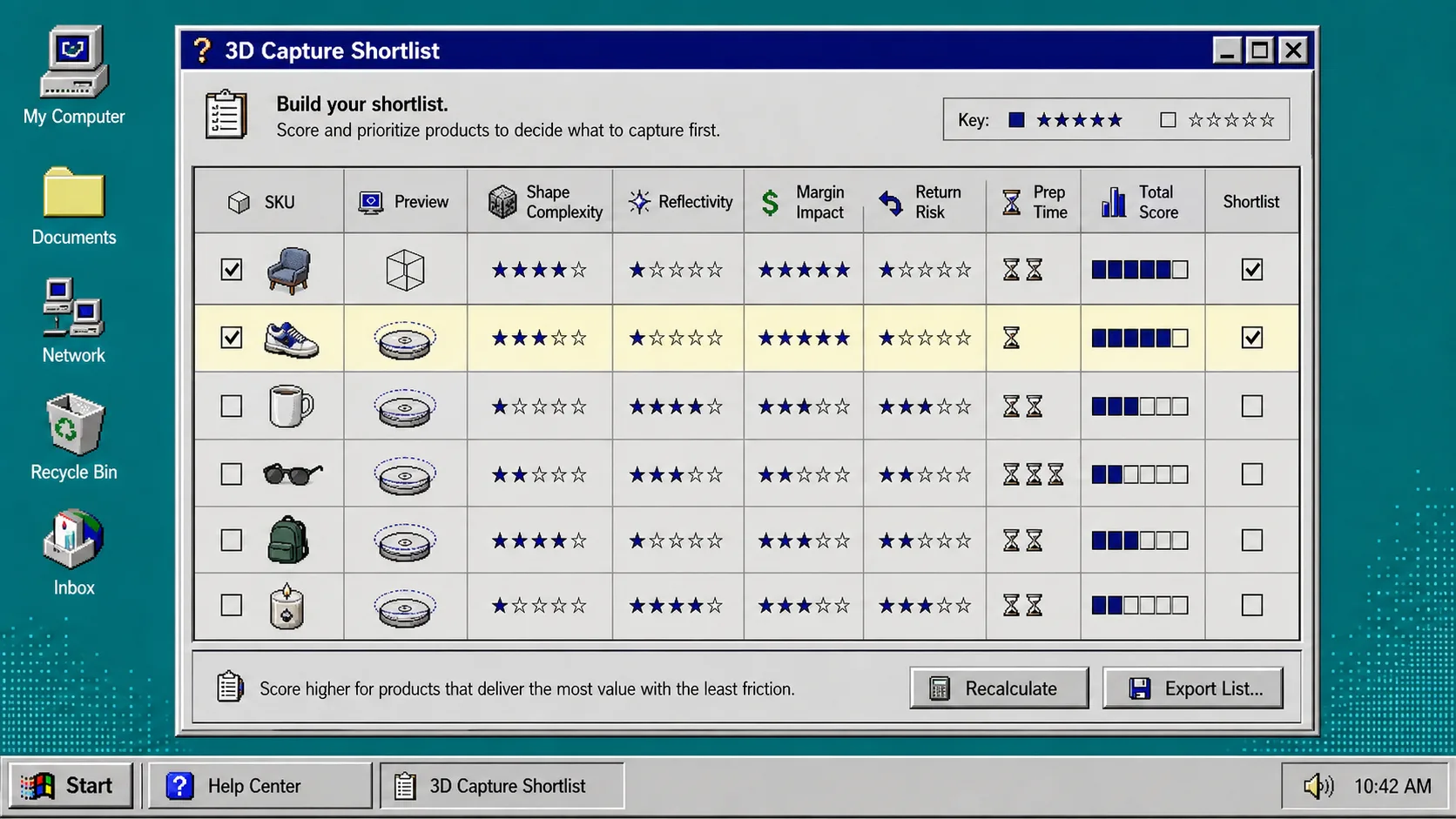 3D capture shortlist scoring grid