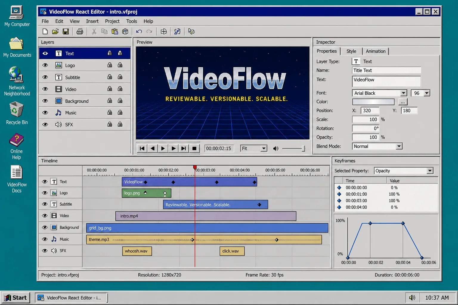 VideoFlow React editor with layers, timeline, and keyframes