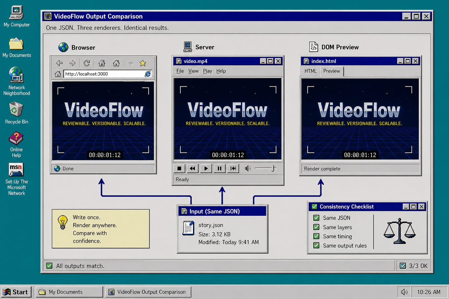 VideoFlow output comparison across browser, server, and DOM preview