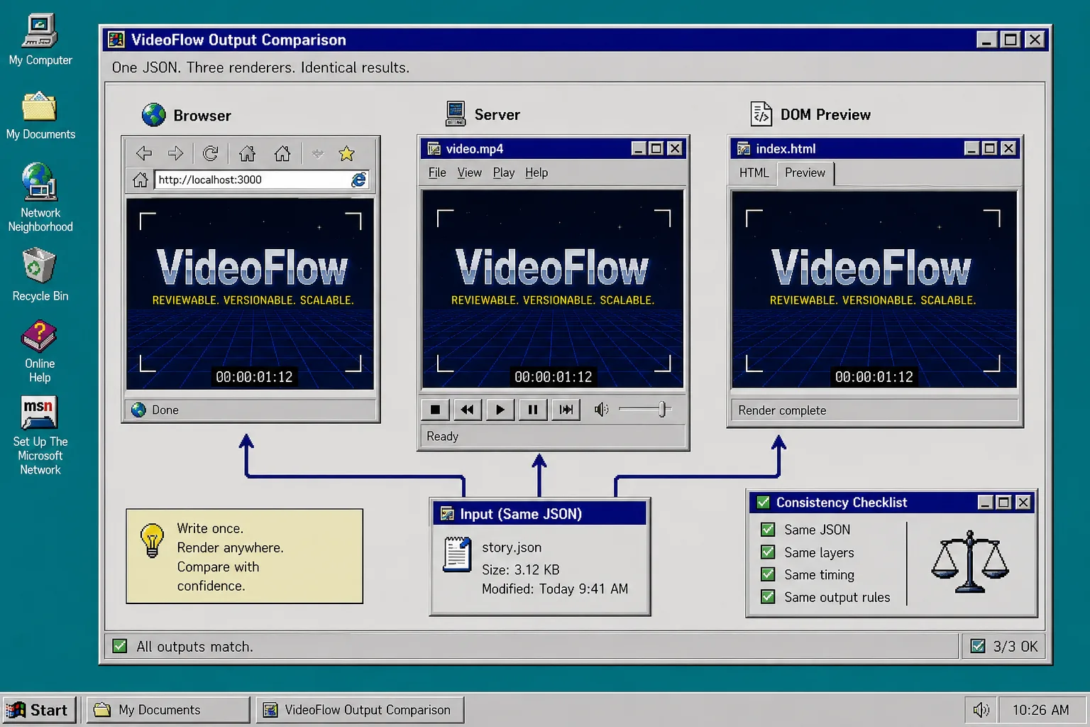 VideoFlow output comparison across browser, server, and DOM preview