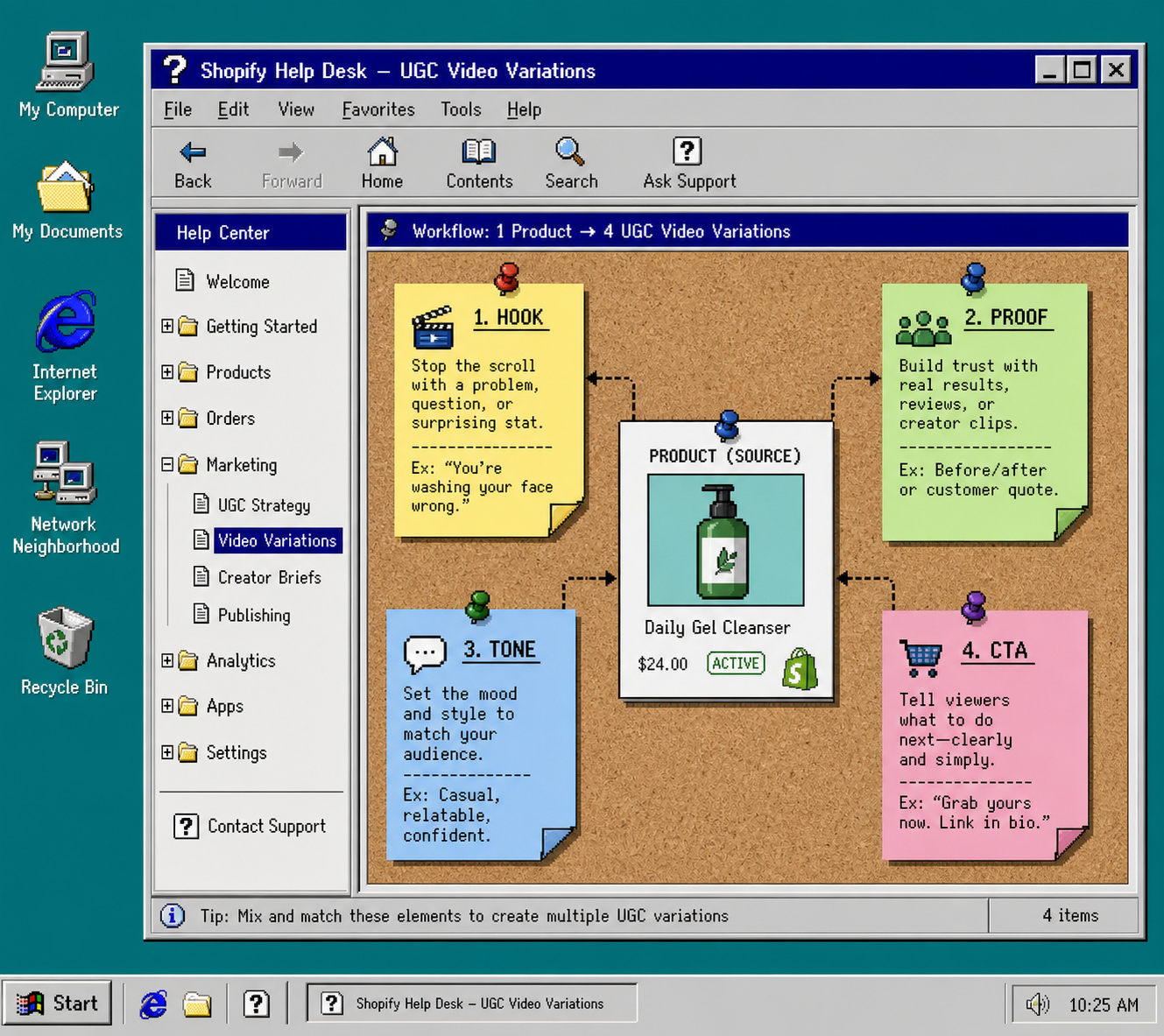 Retro workflow board showing one product becoming four UGC video variations