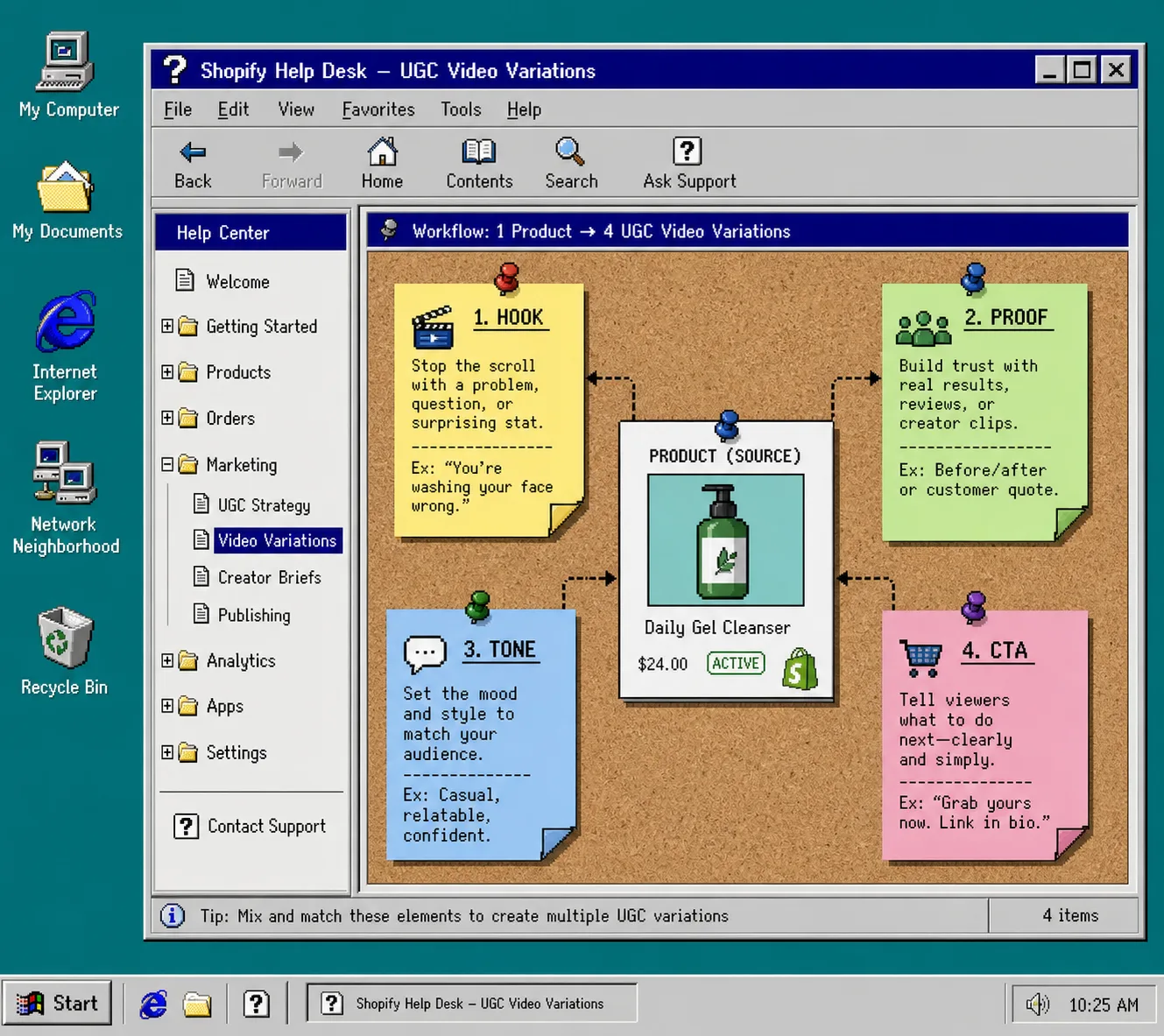 Retro workflow board showing one product becoming four UGC video variations