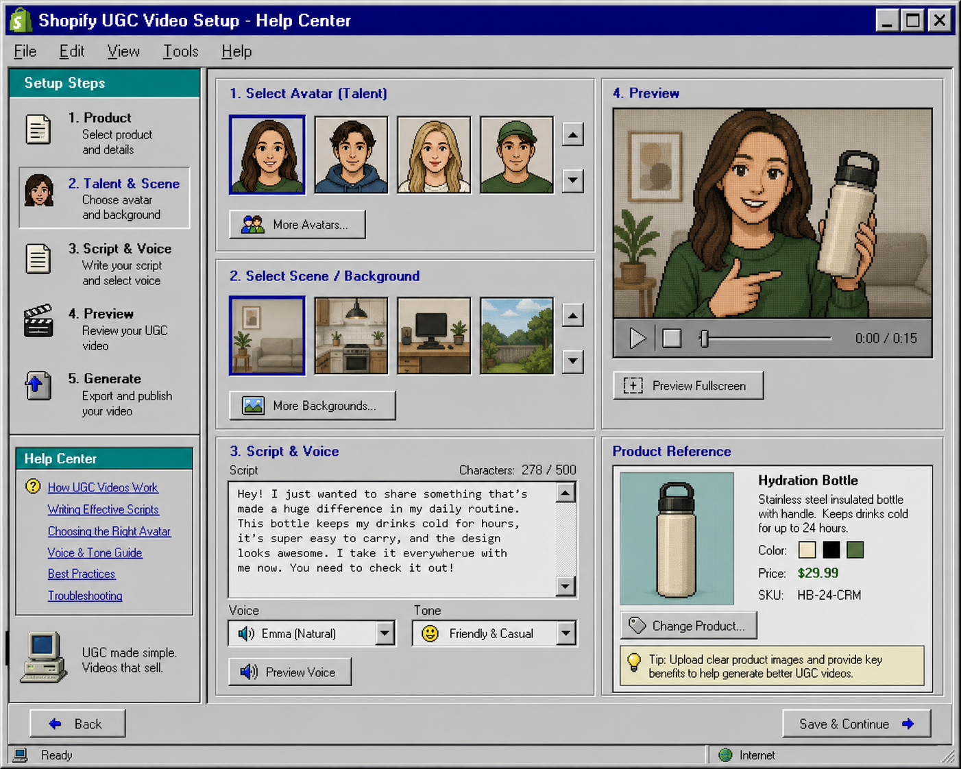 Retro Shopify UGC setup screen with avatar, scene, script, and product reference
