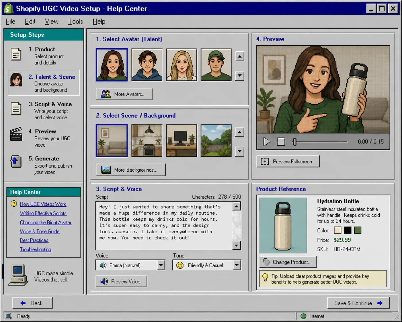 Retro Shopify UGC setup screen with avatar, scene, script, and product reference