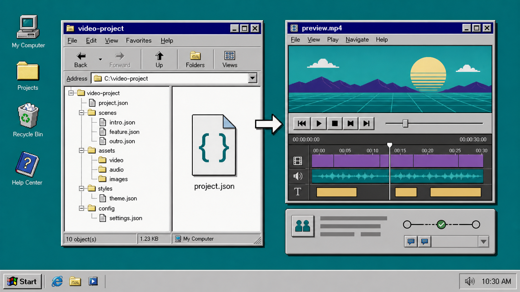 Retro banner showing VideoFlow JSON turning into a preview and merge request workflow