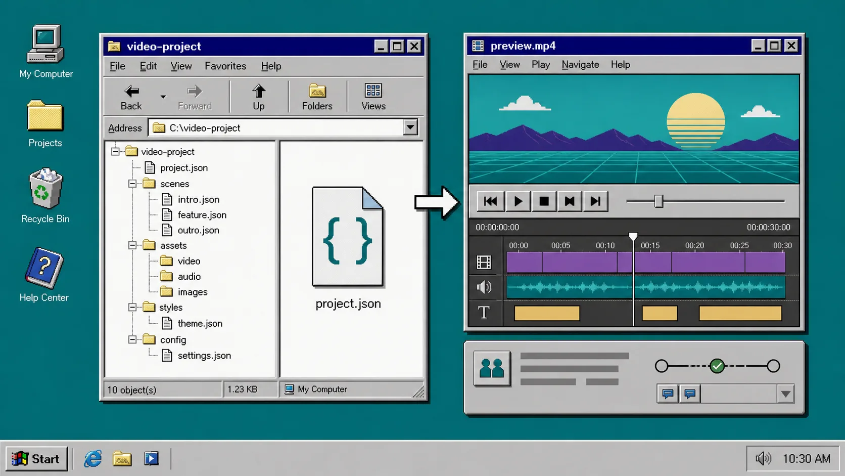 Retro banner showing VideoFlow JSON turning into a preview and merge request workflow