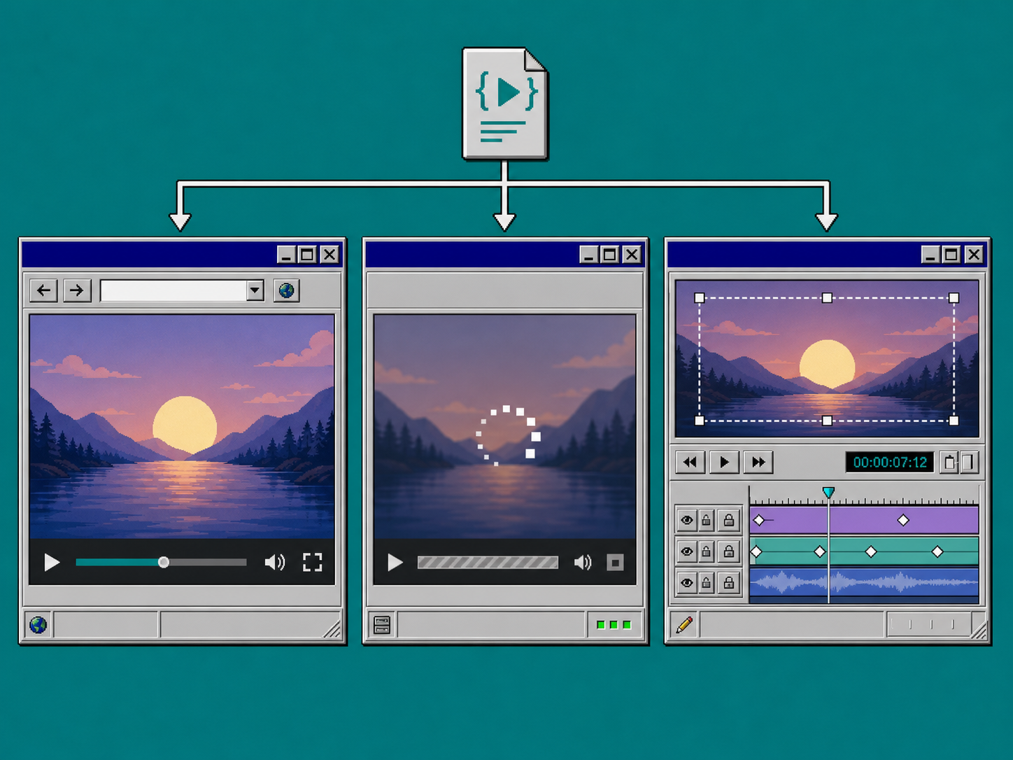 Three-window view of the same VideoJSON driving browser, server, and editor renderers