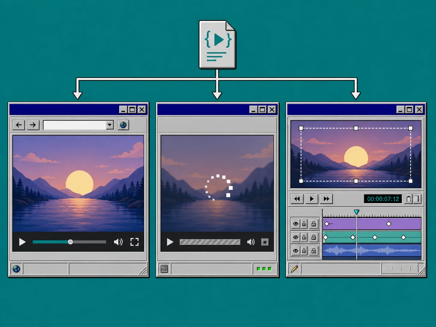 Three-window view of the same VideoJSON driving browser, server, and editor renderers