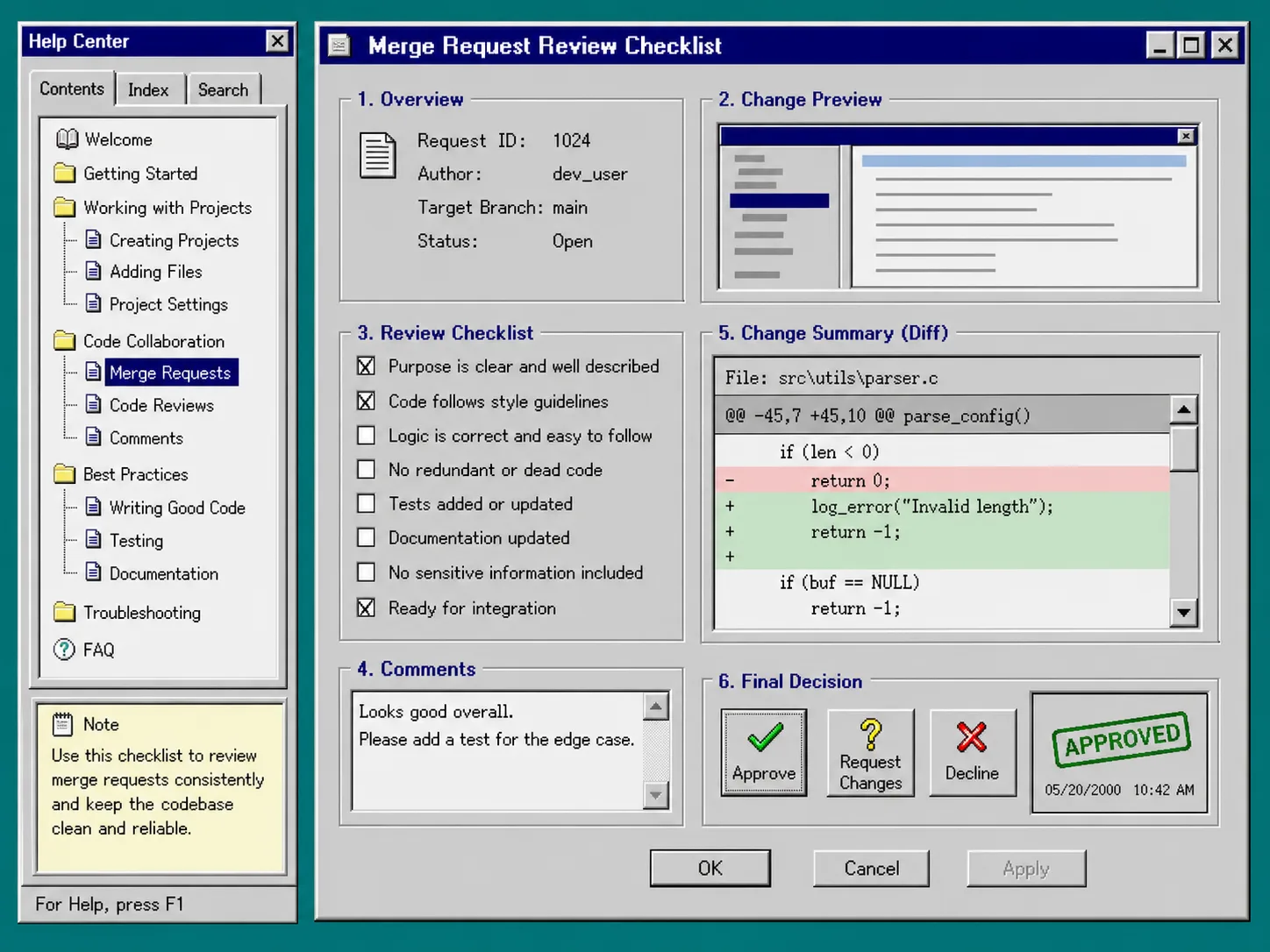 Merge request checklist and diff window in a retro help-center layout