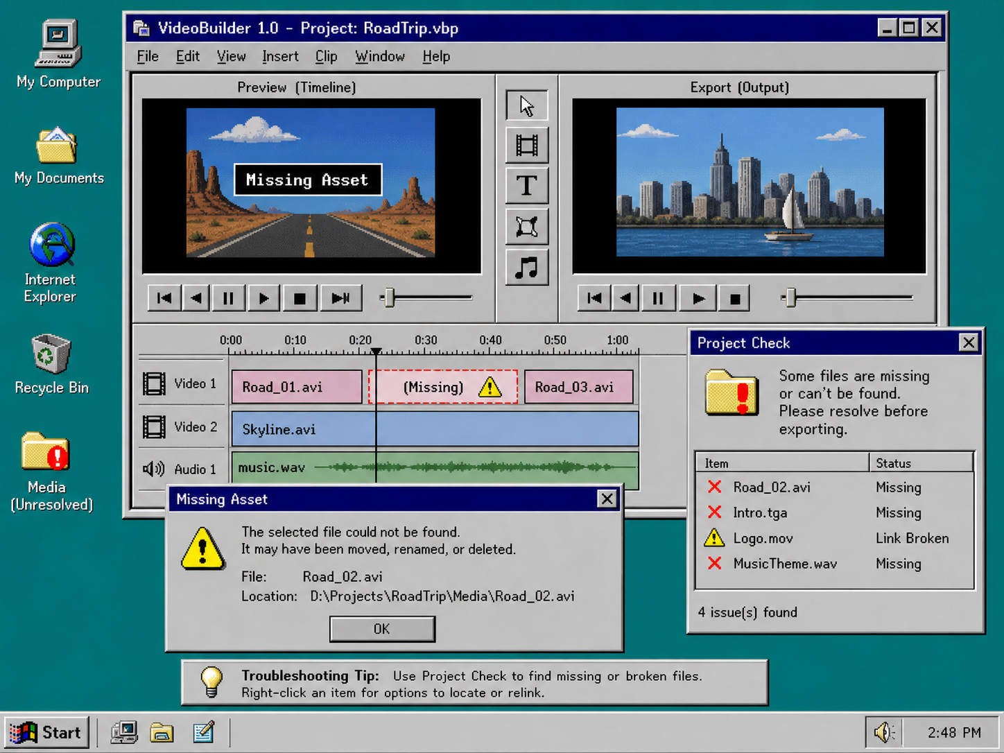 Troubleshooting panel for missing assets and broken video links