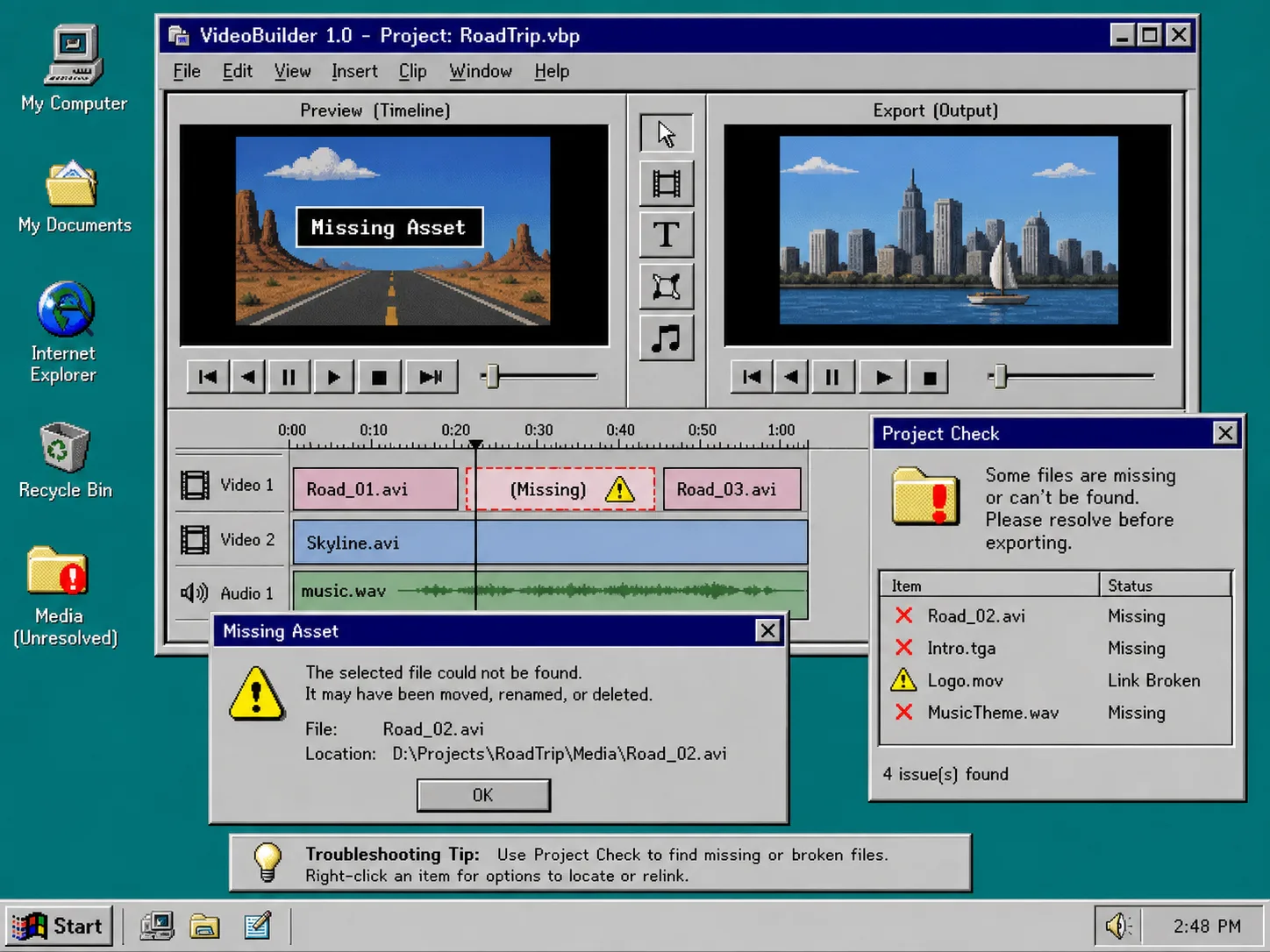 Troubleshooting panel for missing assets and broken video links