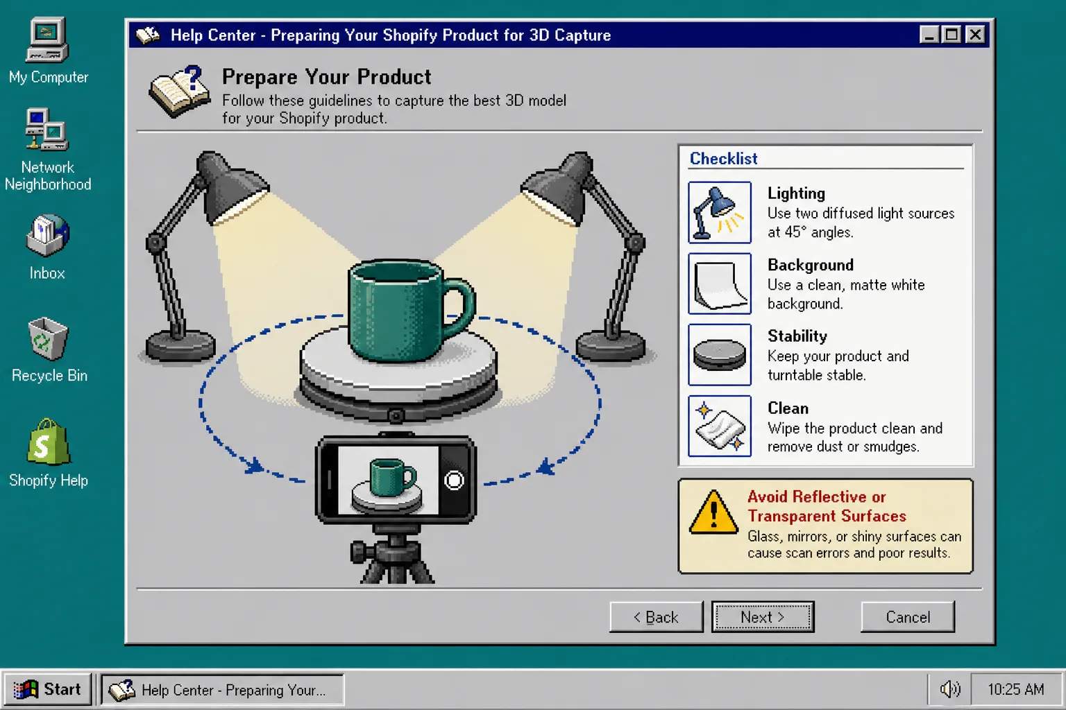 Retro setup screen for preparing a product for 3D capture