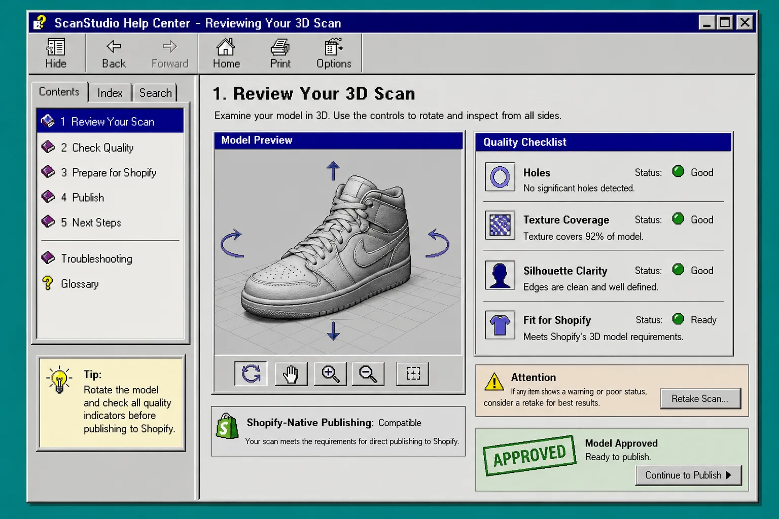 Retro review screen for a 3D scan quality check