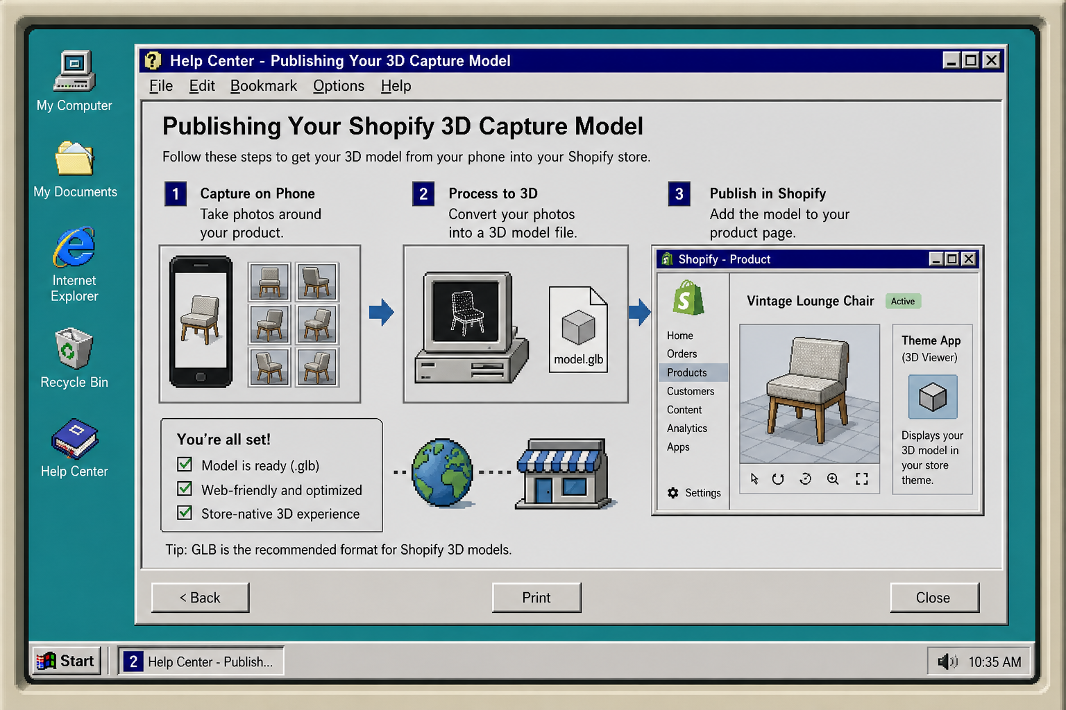 Retro publishing screen for Shopify 3D models