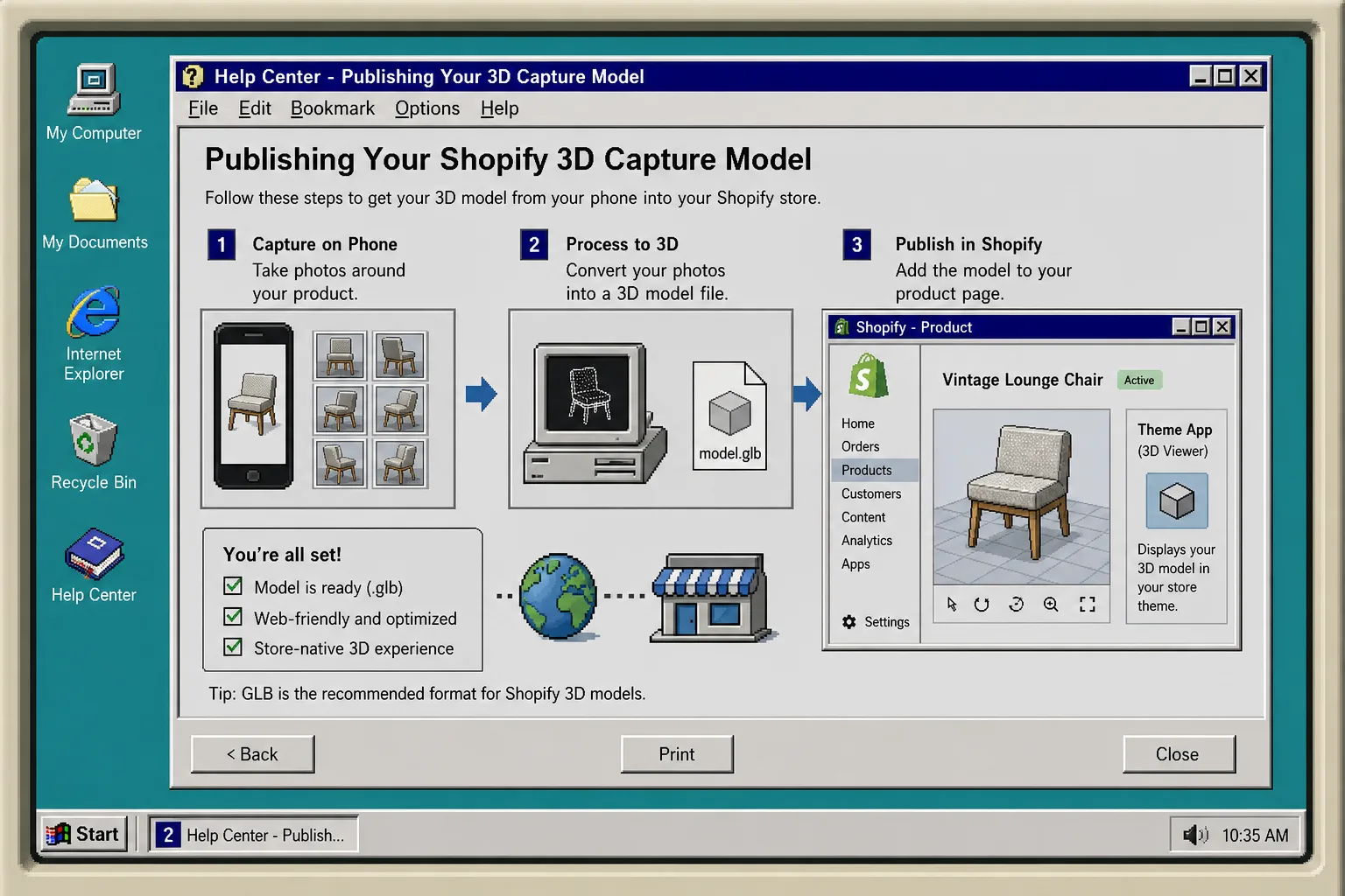 Retro publishing screen for Shopify 3D models
