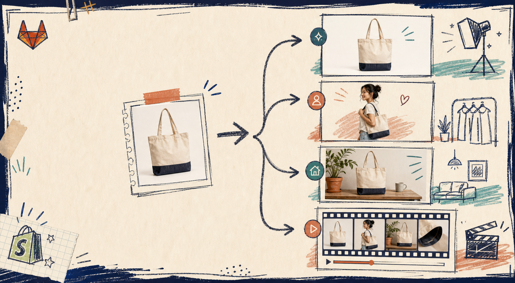 Hand-drawn workflow map from one product photo to try-on, lifestyle, and video assets