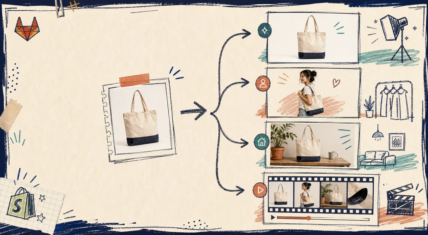 Hand-drawn workflow map from one product photo to try-on, lifestyle, and video assets